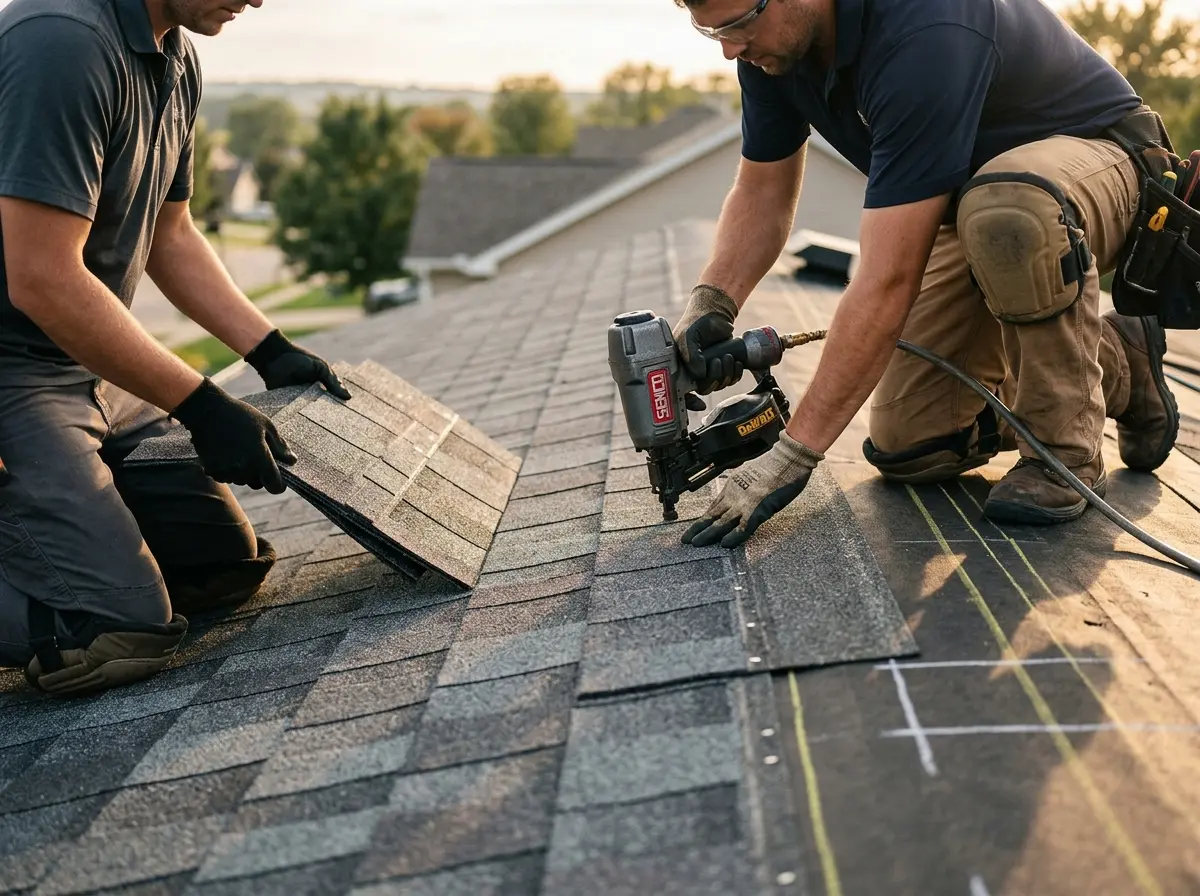 Professional roofer working on a residential roof in Lopatcong